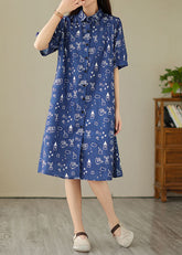 Blue Peter Pan Collar Print Patchwork Denim Shirts Dress